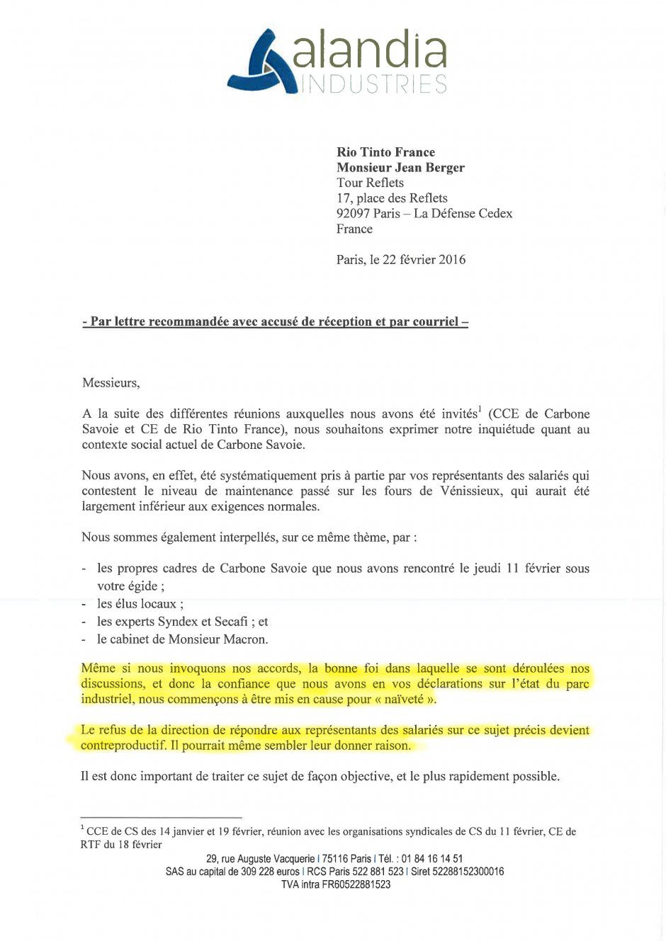 Lettre Rio Tinto Mr Jean Berger