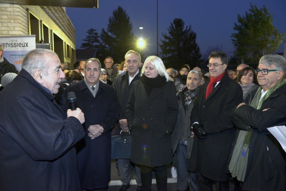 Inauguration de l'cole Flora-Tristan 29 nov.2016. par M.Picard, maire, M.Delpuech Prfet de Rgion, Pierre Abadi Vice Pdt de la Mtropole de Lyon, et Ph.Couturaud, inspecteur d'Academie. Avec R.Castro architecte, ici au micro